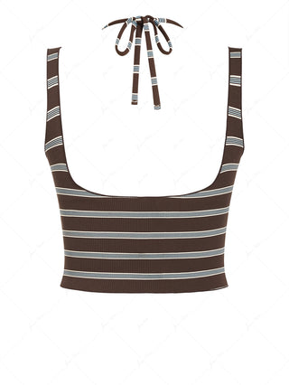 Deep Coffee Ribbed Striped 2-Way Crop Tank With Matching Bikini Top