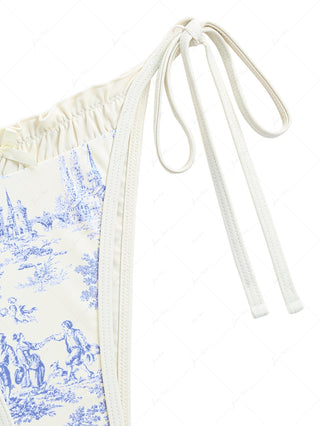 Crystal Cream Toile de Jouy Print Plunging Neck String Tankini Set