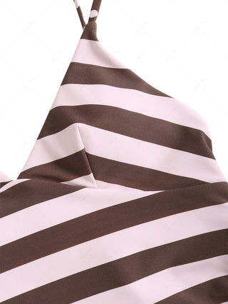 Pink Striped Polka Dot Crisscross Tie Open Back Reversible Tankini Top