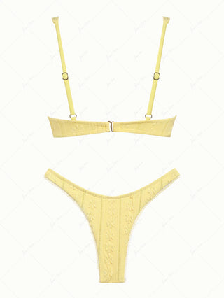 Yellow Jacquard Textured Lace Bowknot Underwire Bikini Set