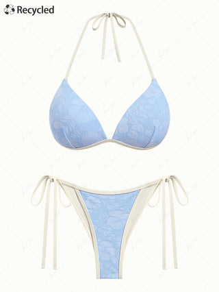 Light Blue Recycled Fabric Jacquard Push Up Top & Cheeky Brazilian Bottom Bikini Set