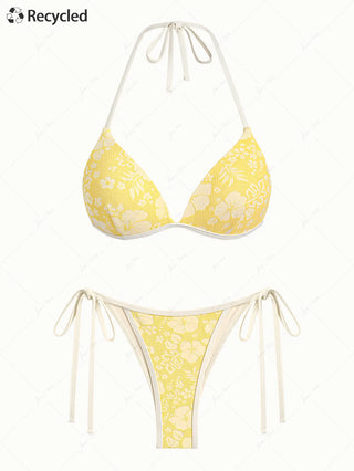 Yellow Recycled Fabric Jacquard Push Up Top & Cheeky Brazilian Bottom Bikini Set