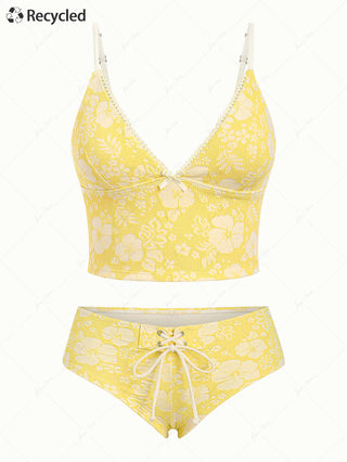 Yellow Recycled Fabric Jacquard Lace Bowknot Cheeky Boyshorts Tankini Set