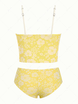 Yellow Recycled Fabric Jacquard Lace Bowknot Cheeky Boyshorts Tankini Set