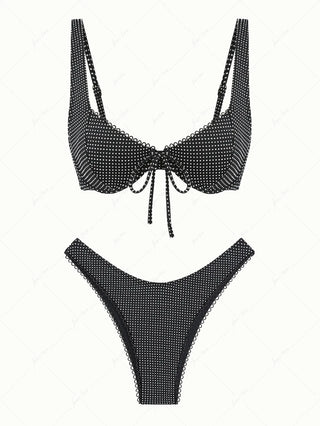 Black Pin Dot Jacquard Fabric Picot Trim Underwire Bikini Set