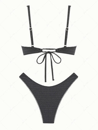 Black Pin Dot Jacquard Fabric Picot Trim Underwire Bikini Set