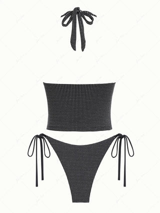 Black Pin Dot Jacquard Fabric Halter Tied String Tankini Set