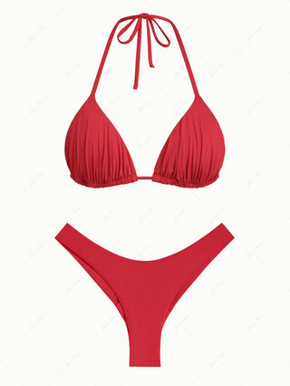 Red Ruched Halter Triangle Top & Cheeky Brazilian Bottom Bikini Set