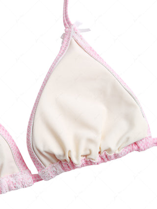 Light Pink Knitted Plaid Lace Bowknot Triangle Cheeky Boyshorts Bikini Set