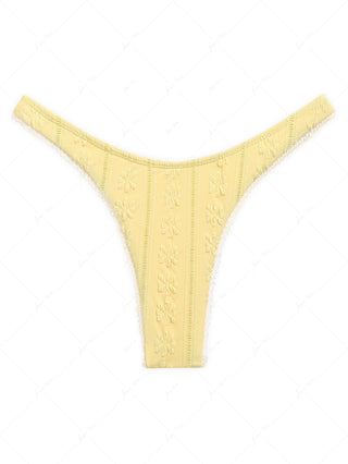 Yellow Floral Jacquard Textured Lace Bowknot Thong Bikini Bottom