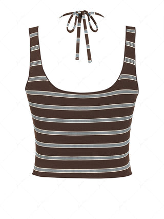 Deep Coffee Ribbed Striped 2-Way Crop Tank With Matching Bikini Top