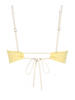 Yellow Floral Jacquard Textured Bowknot Bikini Top