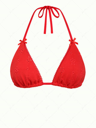 Red Recycled Fabric Jacquard Lace Bowknot Halter Triangle Bikini Top