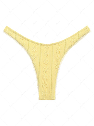 Yellow Floral Jacquard Textured Lace Bowknot Thong Bikini Bottom