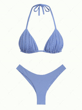 Blue Polka Dot Print Ruched Triangle Top & Cheeky Brazilian Bottom Bikini Set