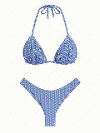 Blue Polka Dot Print Ruched Triangle Top & Cheeky Brazilian Bottom Bikini Set