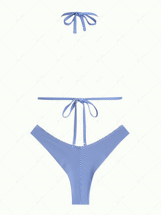 Blue Polka Dot Print Ruched Triangle Top & Cheeky Brazilian Bottom Bikini Set