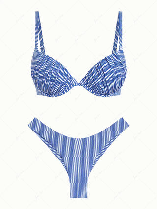 Blue Polka Dot Print Ruched Underwire Push Up Top & Cheeky Brazilian Bottom Bikini Set