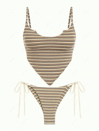 Brown Ribbed Knit Striped Hanky Hem Tank Top & Cheeky Brazilian Bottom Tankini Set