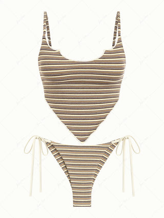 Brown Ribbed Knit Striped Hanky Hem Tank Top & Cheeky Brazilian Bottom Tankini Set
