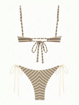 Brown Ribbed Knit Striped Hanky Hem Tank Top & Cheeky Brazilian Bottom Tankini Set