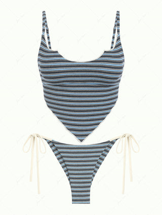 Blue Ribbed Knit Striped Hanky Hem Tank Top & Cheeky Brazilian Bottom Tankini Set