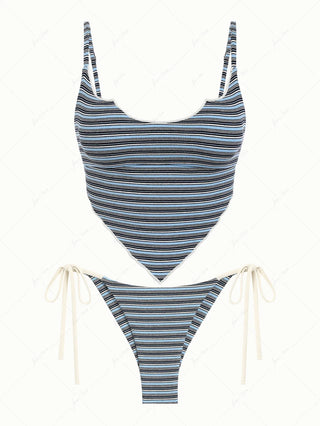 Blue Ribbed Knit Striped Hanky Hem Tank Top & Cheeky Brazilian Bottom Tankini Set