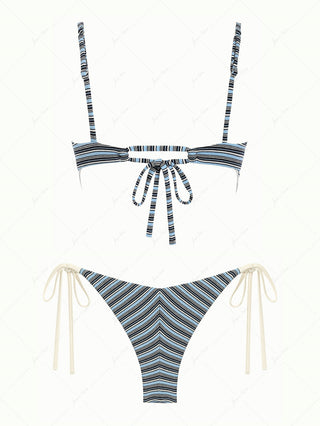 Blue Ribbed Knit Striped Hanky Hem Tank Top & Cheeky Brazilian Bottom Tankini Set