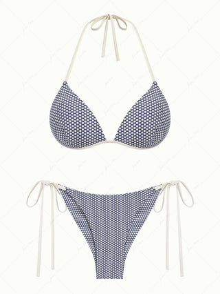 Deep Blue Polka Dot Print Push Up Top & Cheeky Brazilian Bottom Bikini Set