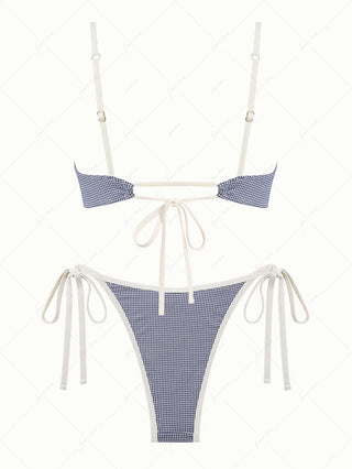 Deep Blue Vintage Plaid Spliced Ruched Bowknot Bikini Set