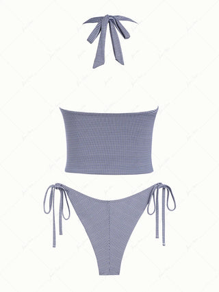 Deep Blue Vintage Plaid Halter Tank Top & Cheeky Brazilian Bottom Tankini Set