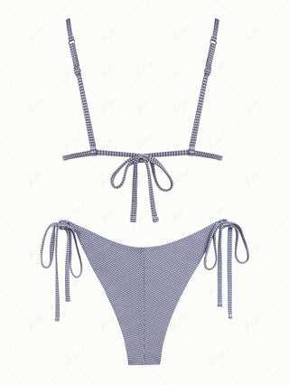 Deep Blue Vintage Plaid Ruffles Triangle Top & Cheeky Brazilian Bottom Bikini Set