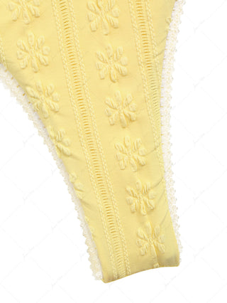 Yellow Jacquard Textured Lace Bowknot Underwire Bikini Set