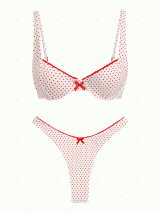 Crystal Cream Polka Dot Lace Bowknot Underwire Bikini Set