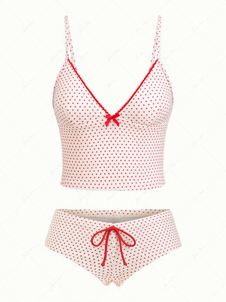 Crystal Cream Vintage Polka Dot Lace Bowknot Cheeky Boyshorts Tankini Set
