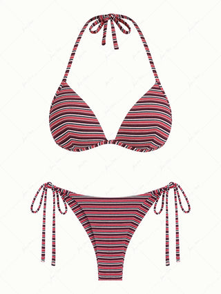 Red Striped Ribbed Triangle Push Up Top & Cheeky Brazilian Bottom Bikini Set