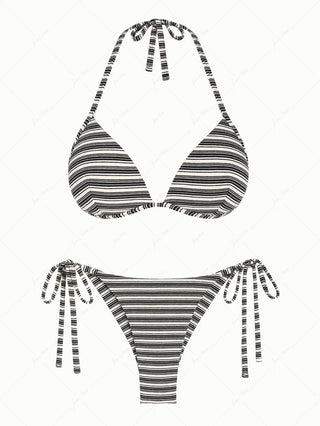 Black Striped Ribbed Triangle Push Up Top & Cheeky Brazilian Bottom Bikini Set