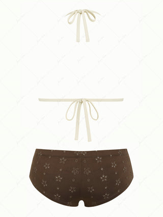 Deep Coffee Recycled Fabric Eyelet Jacquard Push Up Top & Cheeky Boyshorts Bikini Set