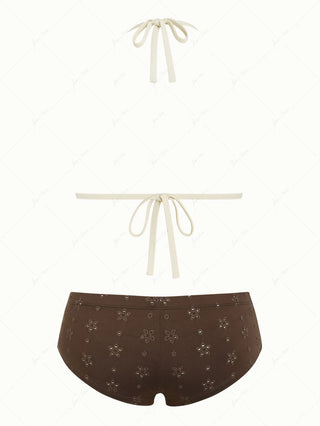 Deep Coffee Recycled Fabric Eyelet Jacquard Push Up Top & Cheeky Boyshorts Bikini Set