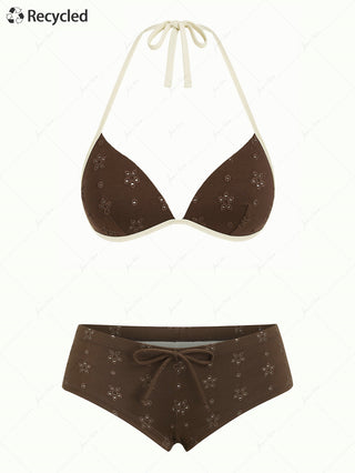 Deep Coffee Recycled Fabric Eyelet Jacquard Push Up Top & Cheeky Boyshorts Bikini Set