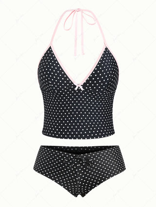Black Polka Dot Print Bowknot Halter Cheeky Boyshorts Tankini Set