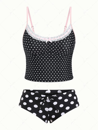Black Vintage Polka Dot Lace Bowknot Cheeky Boyshorts Tankini Set
