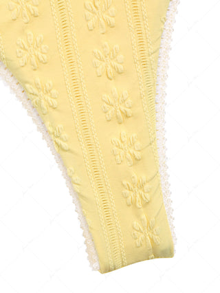 Yellow Floral Jacquard Textured Lace Bowknot Thong Bikini Bottom