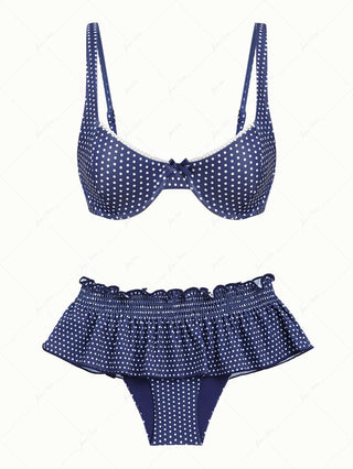 Deep Blue Polka Dot Lace Bowknot Underwire Skirtini Bikini Set