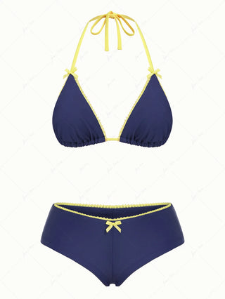 Deep Blue Contrast Lace Bowknot Triangle Cheeky Boyshorts Bikini Set