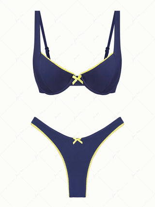 Deep Blue Contrast Lace Bowknot Underwire Bikini Set