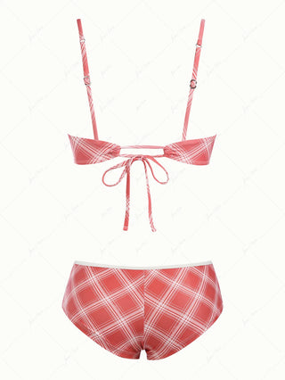 Red Vintage Plaid Hanky Hem Cheeky Boyshorts Tankini Set