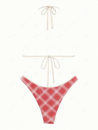 Red Vintage Plaid Lace Bowknot Halter Triangle Bikini Set