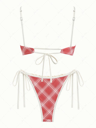 Red Vintage Plaid Ruched Ruffles Bowknot Tie Side Bikini Set