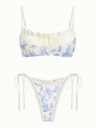 Crystal Cream Toile de Jouy Print Spliced Ruched Ruffles Bikini Set